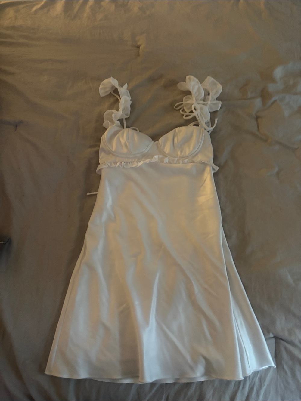 Lucy in the Sky White Satin Midi Slip Dress with Ruffle Straps
